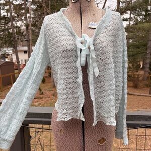 Vintage 1960’s Light Blue 100% wool Lace Cardigan with Ribbon Tie